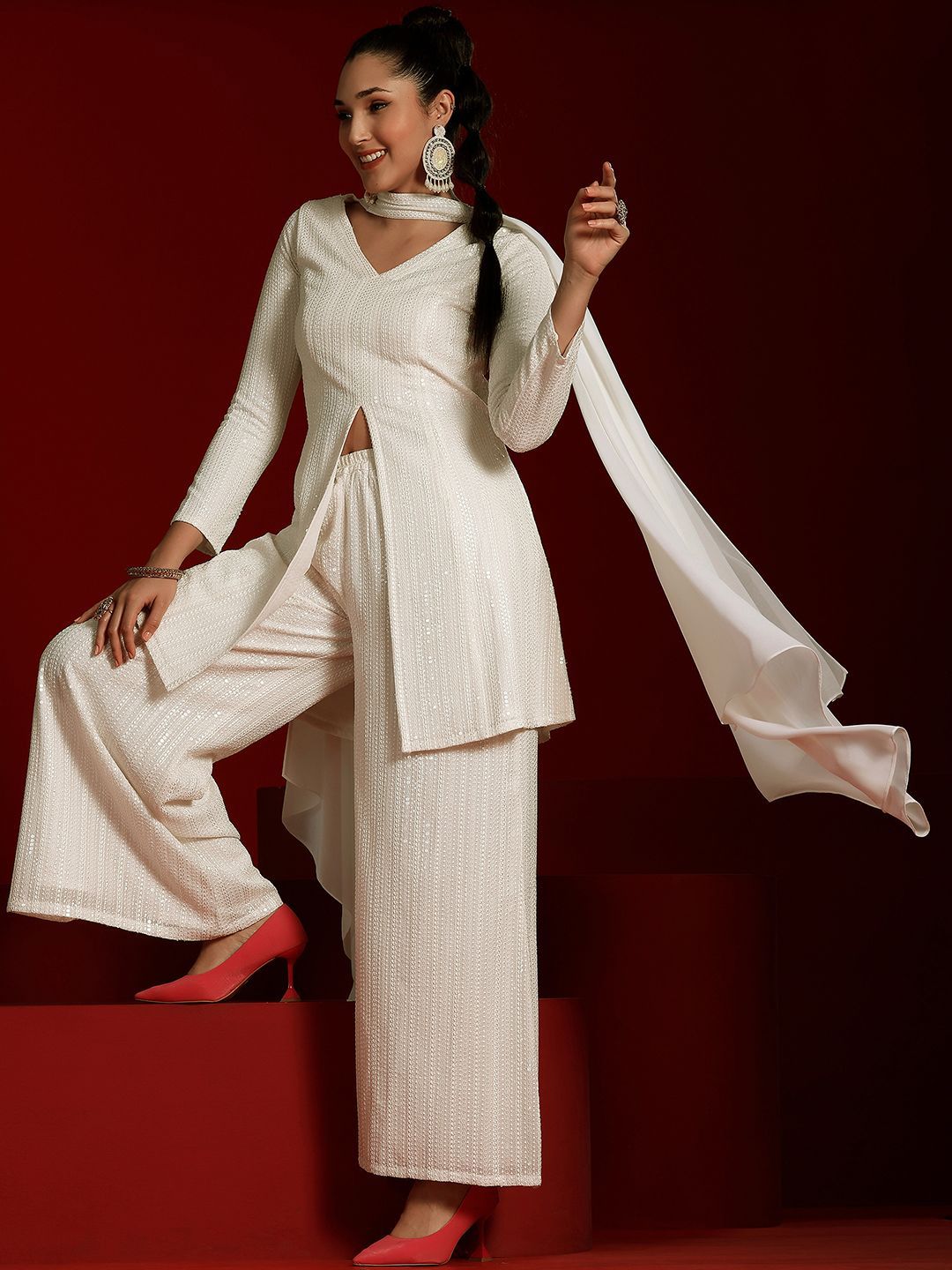Dhiyona LL Sequinned Embroidered Kurta with Palazzos & With Dupatta