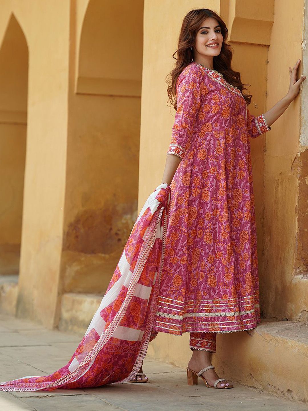 Dhiyona KL Floral Printed Angrakha Pure Cotton Anarkali Kurta With Trousers & Dupatta