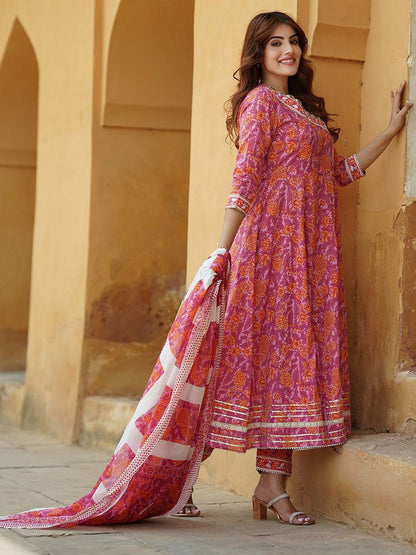 Dhiyona KL Floral Printed Angrakha Pure Cotton Anarkali Kurta With Trousers & Dupatta