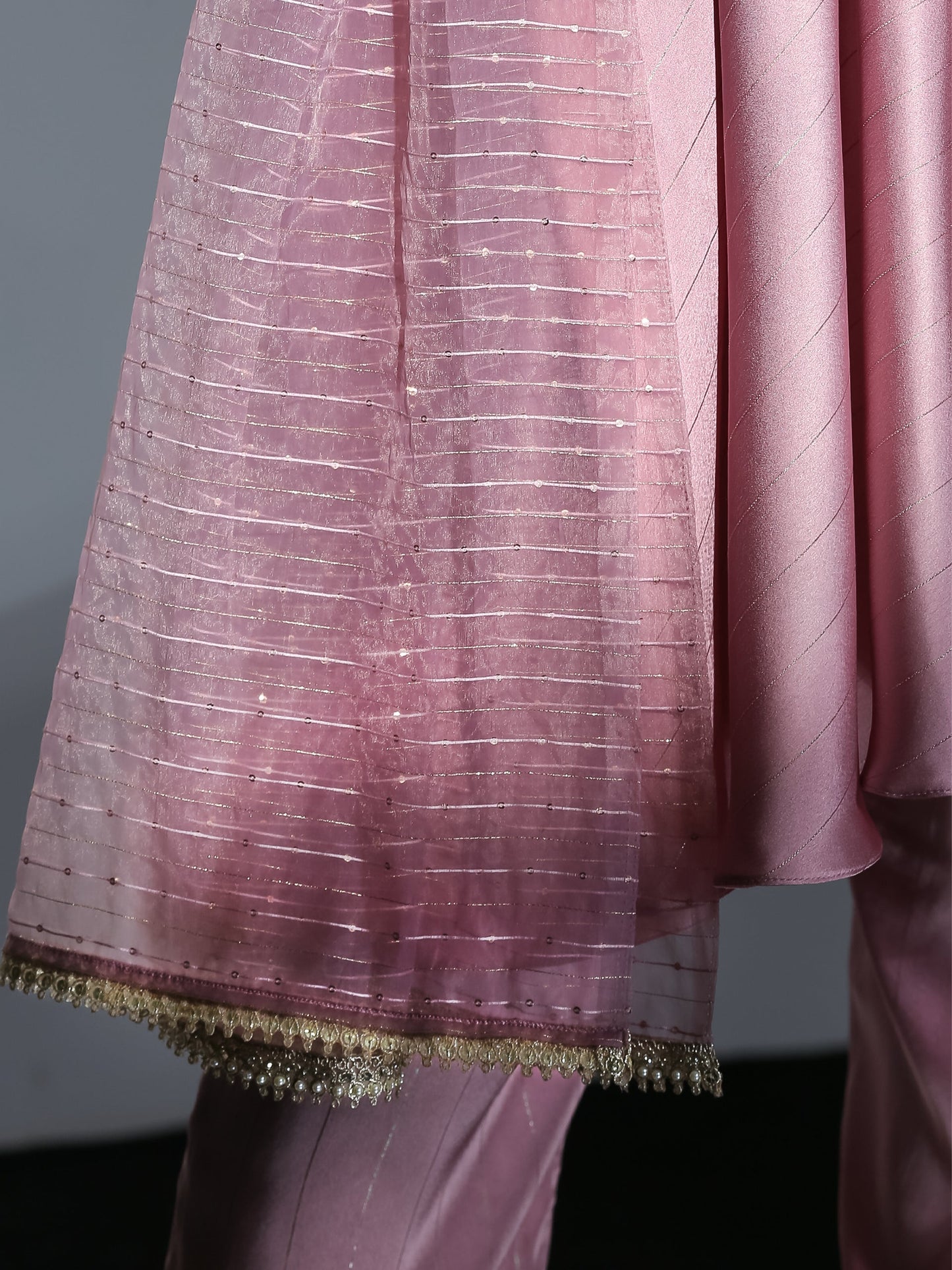 Dhiyona ST Women's Pink Stripe Satin Dress Set with Pants and Organza Sparkle Dupatta with Lace 3 Piece Set | Straight Fit, Round Neck, Sleeveless, Pants, Festive Wear, (Satin)
