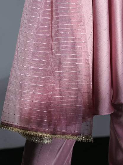 Dhiyona ST Women's Pink Stripe Satin Dress Set with Pants and Organza Sparkle Dupatta with Lace 3 Piece Set | Straight Fit, Round Neck, Sleeveless, Pants, Festive Wear, (Satin)