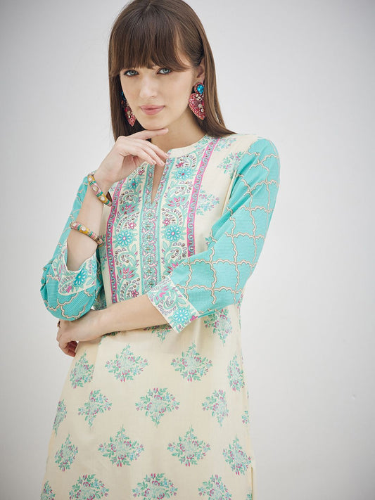 Ethnic Motifs Printed Straight Thread Work Pure Cotton Kurta With Trouser