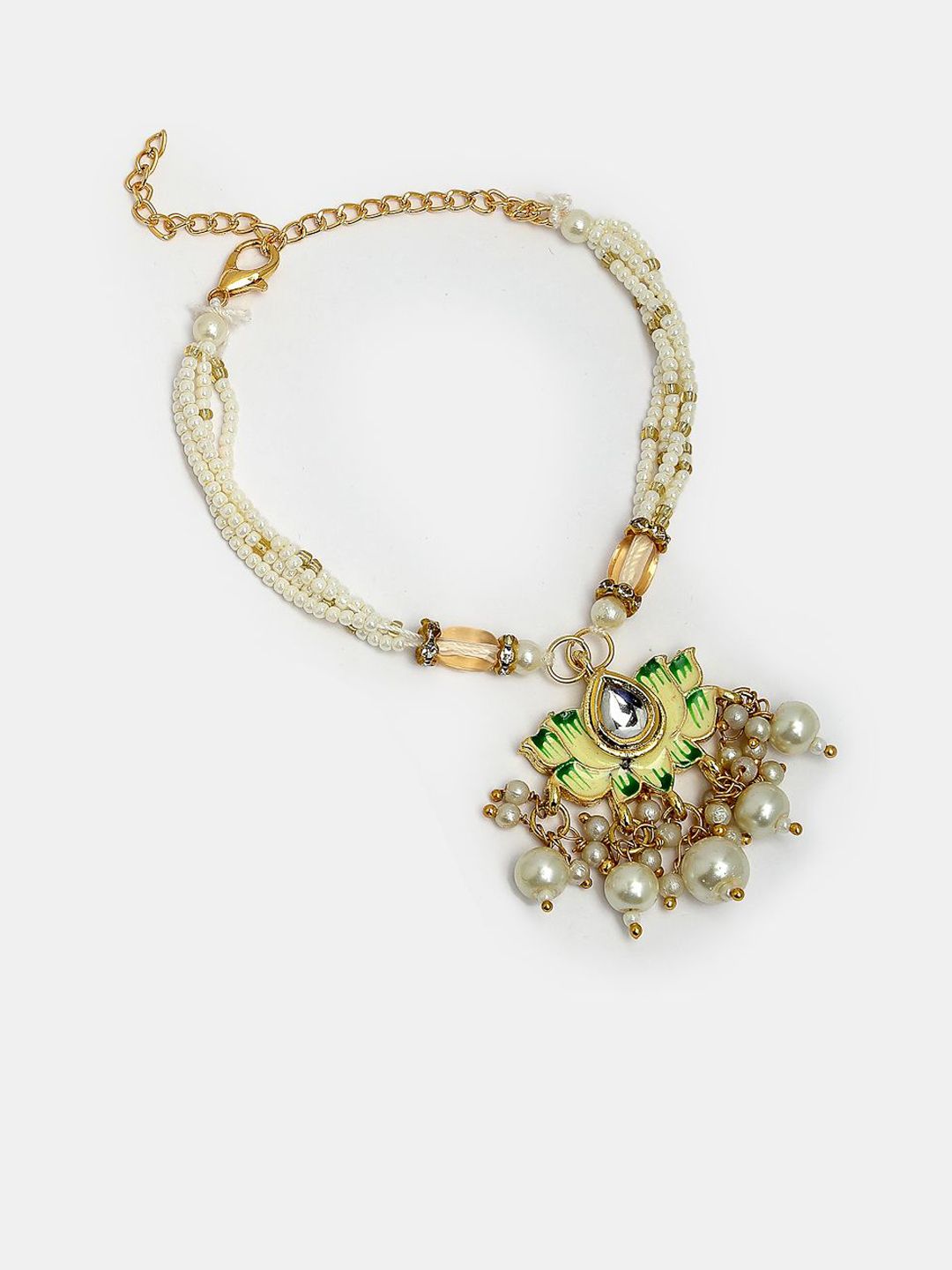 Dhiyona Unisex Set Of 2 Green Lotus Shape Kundan-Studded & Beaded Wraparound Rakhi Set