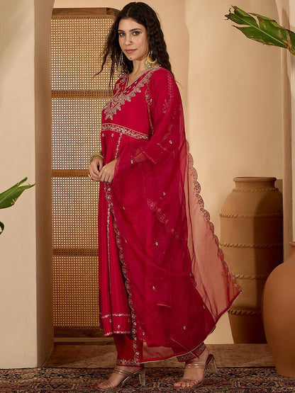 Women Zari Sequence Embroidered A-Line Kurta & Trousers With Dupatta