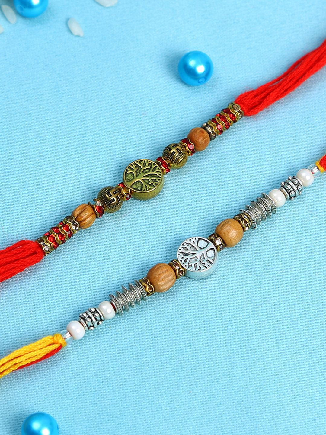 Dhiyona Red Set Of 2 Stone Studded & Beaded Rakhis With Roli Chawal & Greeting Card