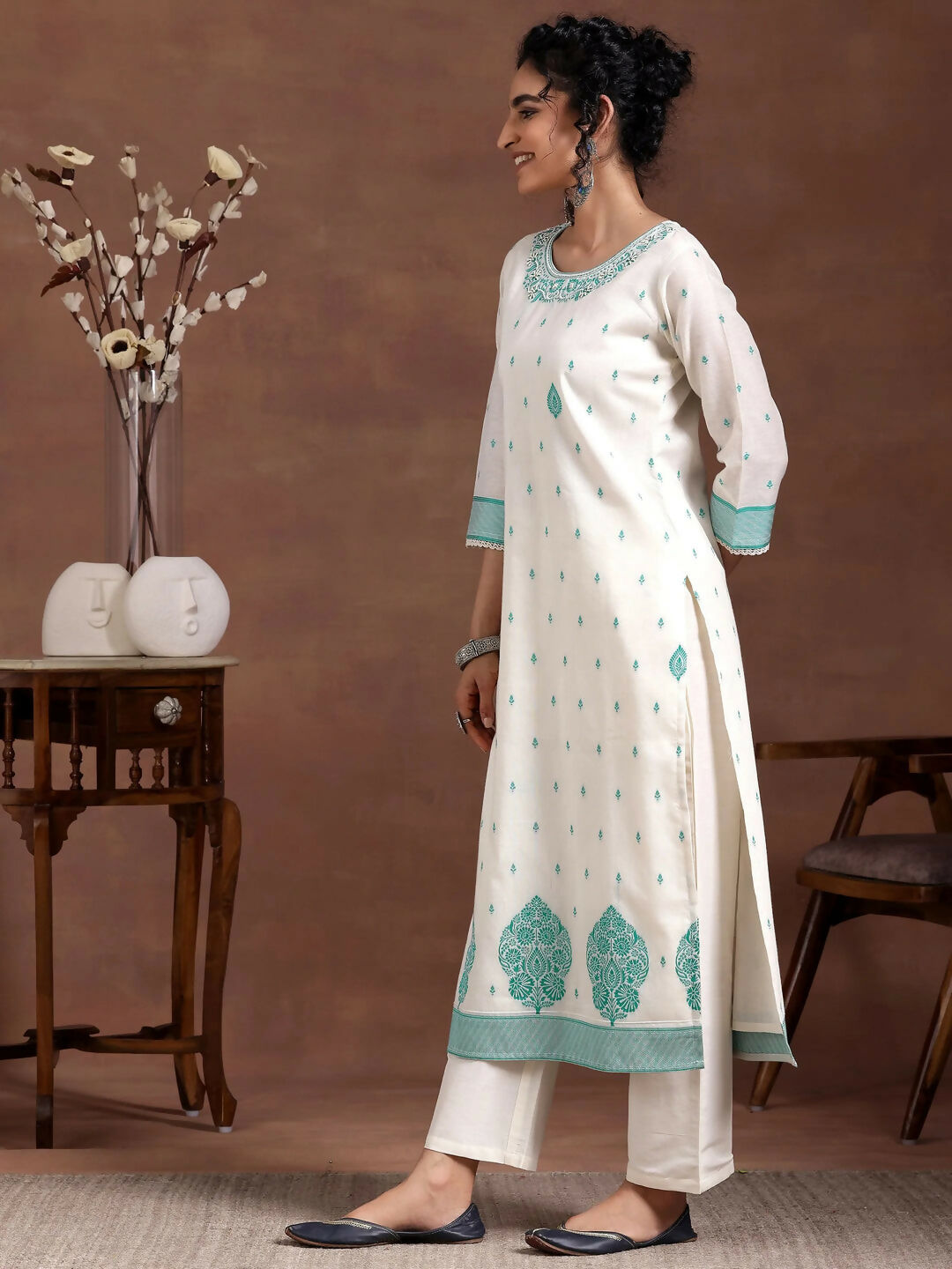 Women's LB Off White Woven Design Chanderi Silk Straight Suit With Dupatta