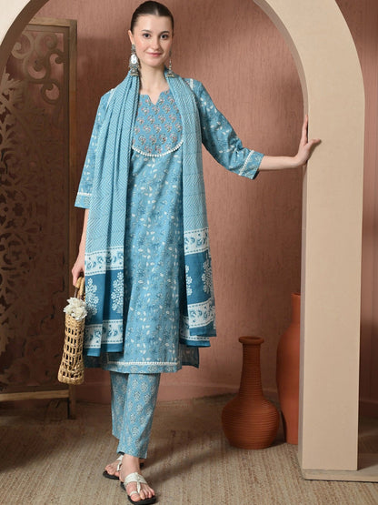 Women Floral Printed Regular Pure Cotton Kurta with Trousers & With Dupatta