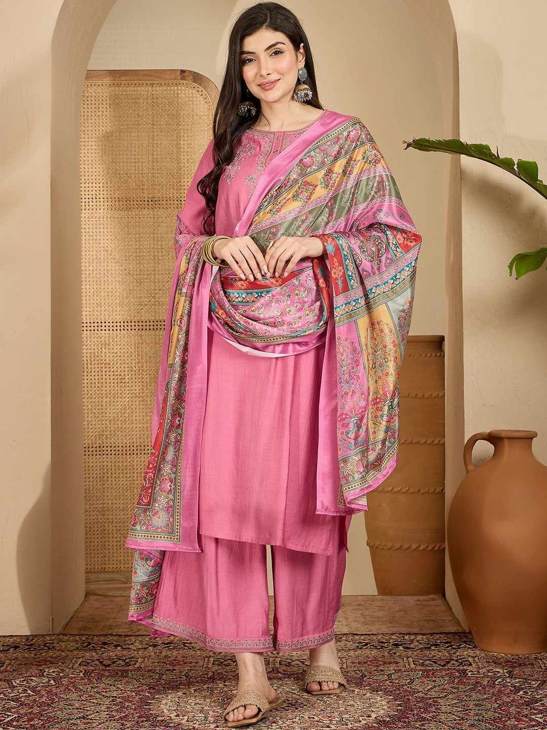Ethnic Motifs Embroidered Round Neck Thread Work Kurta With Palazzos & Dupatta