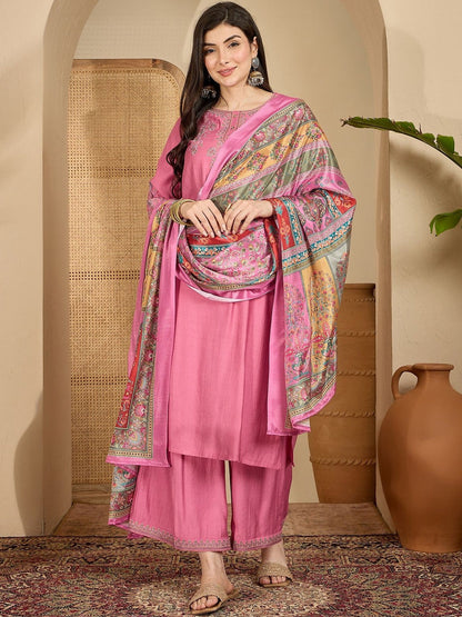 Ethnic Motifs Embroidered Round Neck Thread Work Kurta With Palazzos & Dupatta