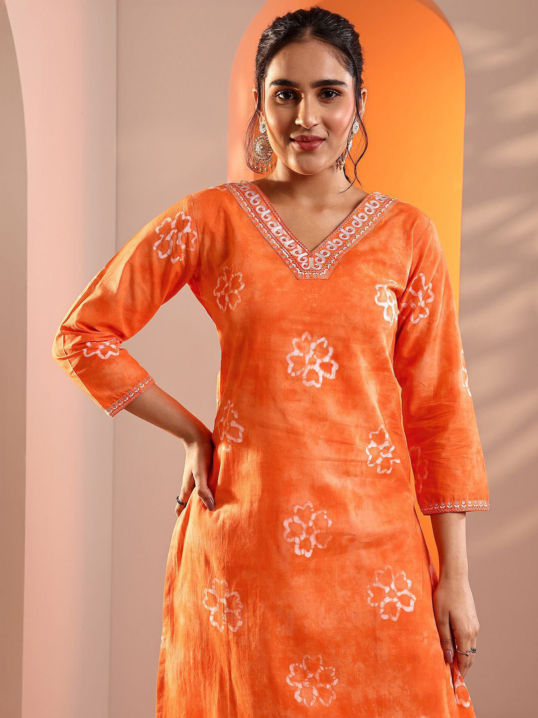 Floral Printed V-Neck Thread Work Straight Kurta With Trousers & Dupatta