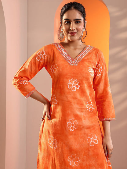 Floral Printed V-Neck Thread Work Straight Kurta With Trousers & Dupatta