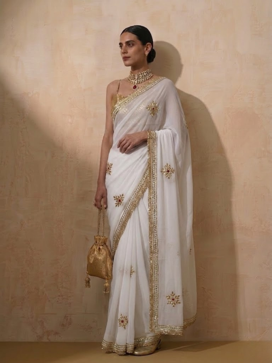 Dhiyona ST White Chiffon Saree with Gota Patti Handwork with Self Blouse Fabric