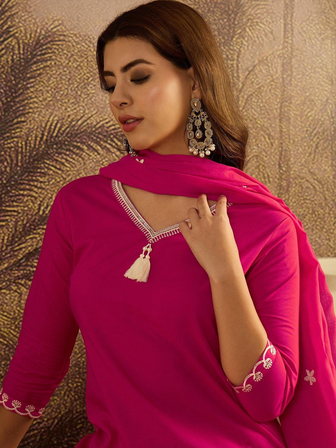 Thread Work Embroidered Kurta with Trousers & Dupatta