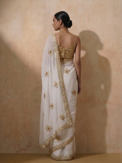Dhiyona ST White Chiffon Saree with Gota Patti Handwork with Self Blouse Fabric