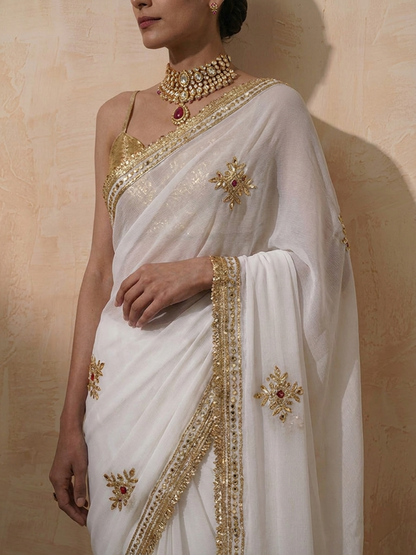 Dhiyona ST White Chiffon Saree with Gota Patti Handwork with Self Blouse Fabric