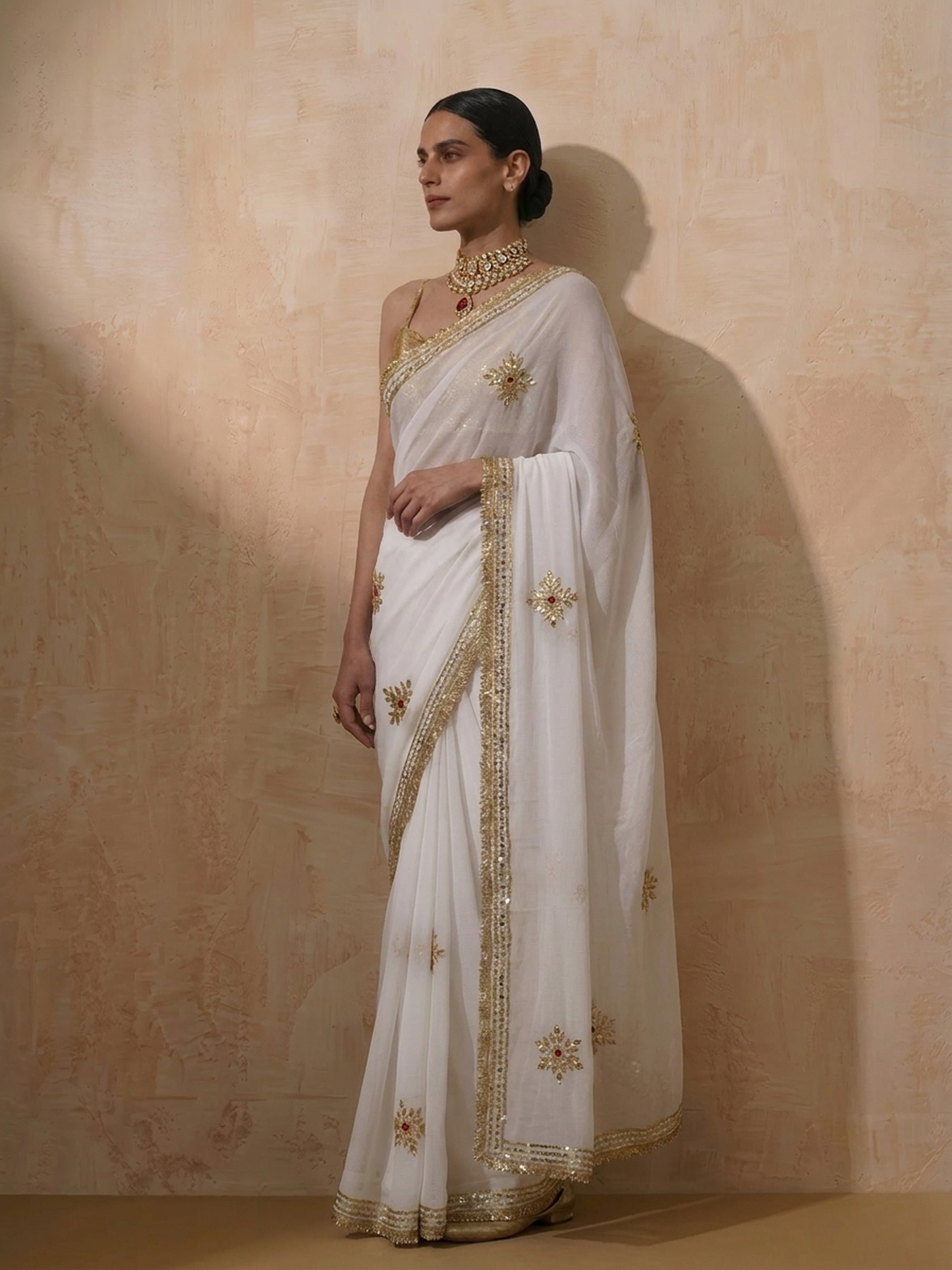 Dhiyona ST White Chiffon Saree with Gota Patti Handwork with Self Blouse Fabric