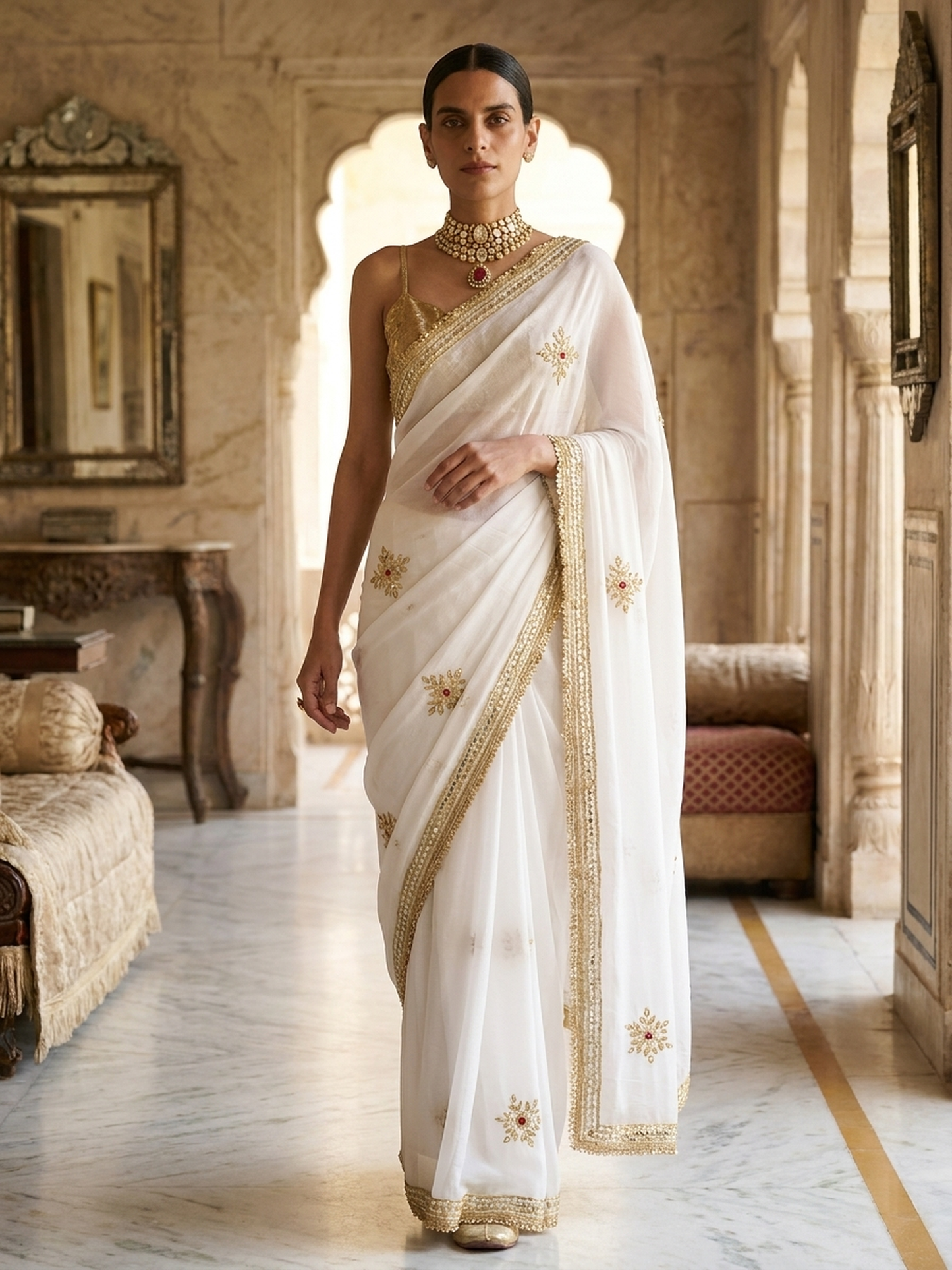 Dhiyona ST White Chiffon Saree with Gota Patti Handwork with Self Blouse Fabric