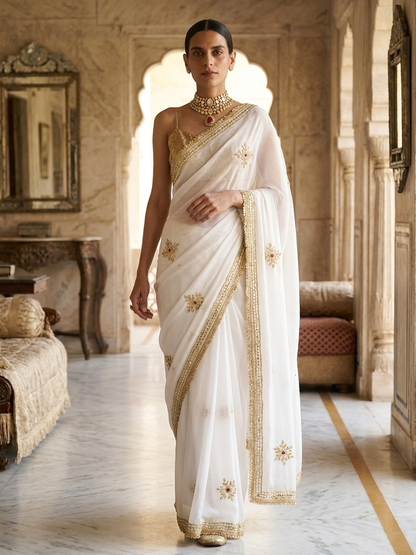 Dhiyona ST White Chiffon Saree with Gota Patti Handwork with Self Blouse Fabric