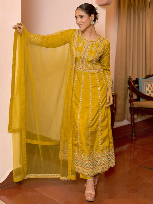 Women's LB Art Mustard Embroidered Silk Blend A-Line Kurta With Sharara & Dupatta