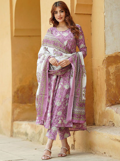Dhiyona KL Floral Printed Regular Pure Cotton Anarkali Kurta with Trousers & Dupatta