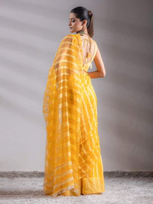 Dhiyona ST Organza Yellow Hide and Seek Stripes Saree with Blouse Fabric