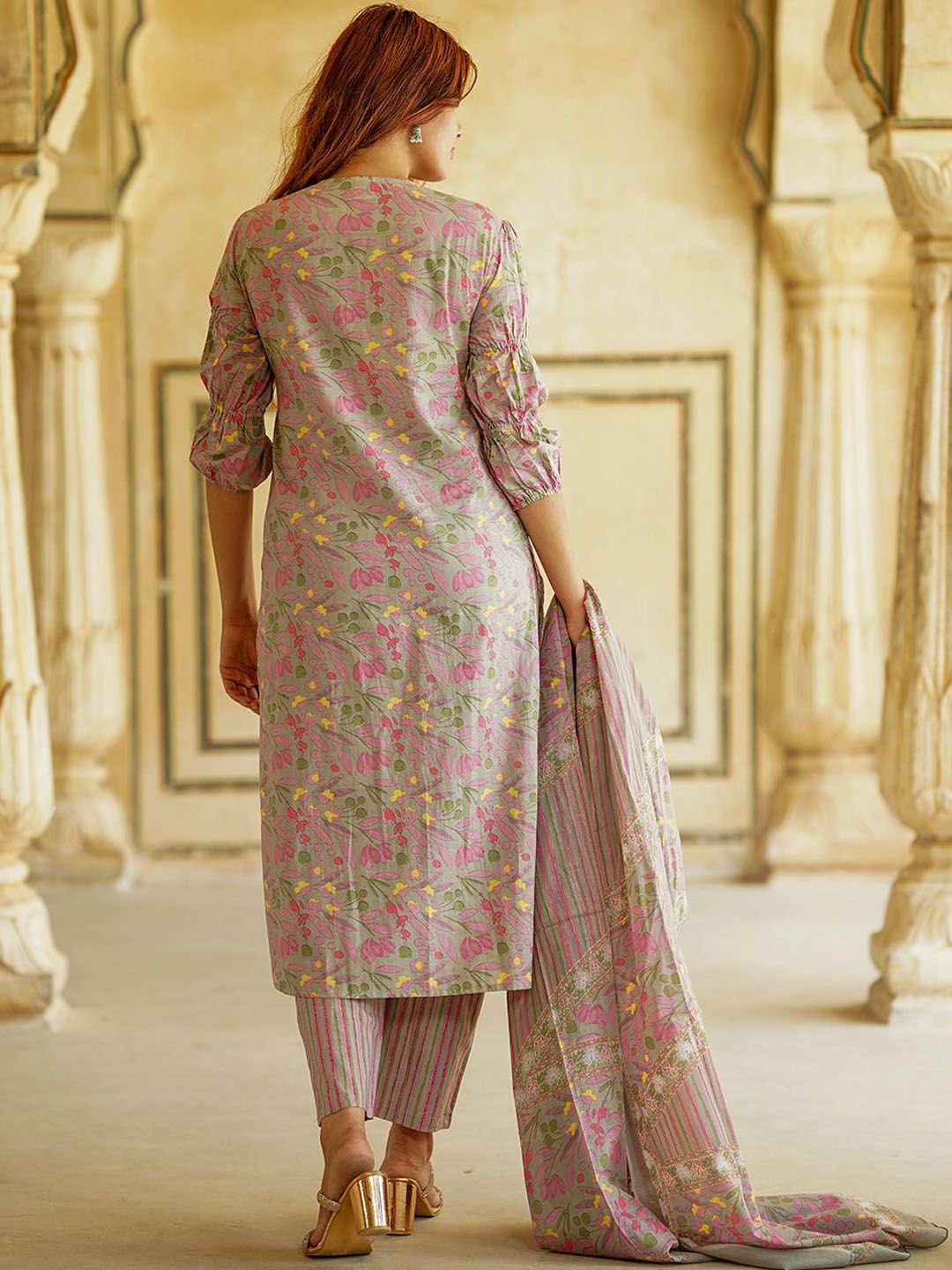 Dhiyona KL Floral Printed Thread Work Pure Cotton Straight Kurta With Trousers & Dupatta