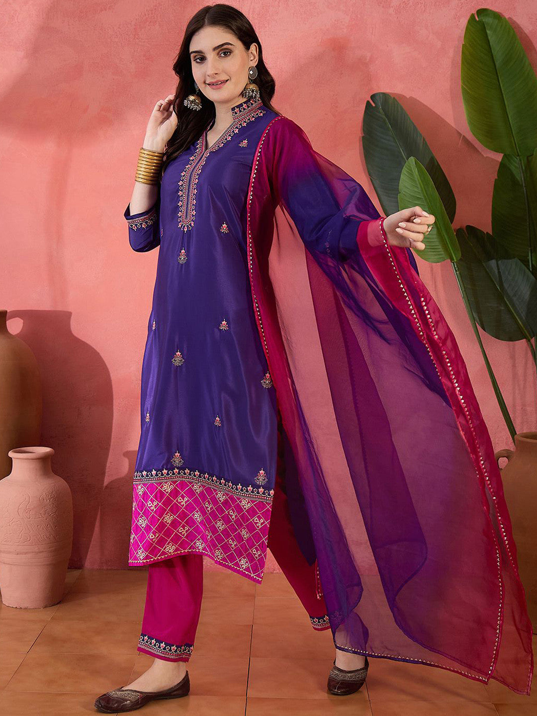 Zari Sequence Embroidered Kurta With Trousers & Dupatta