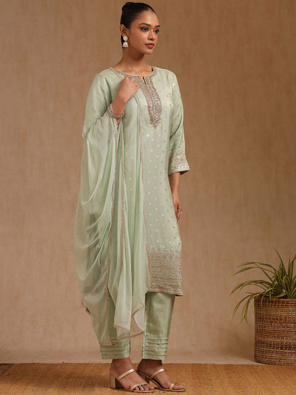 Dhiyona SO Women's Women Floral Woven Design Zardozi Kurta with Trousers & With Dupatta