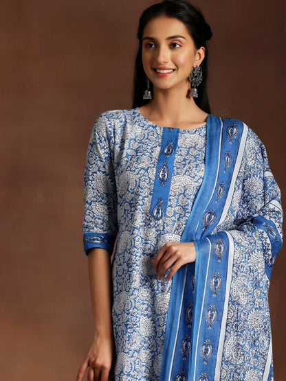 Women's LB Blue Printed Cotton Straight Suit With Dupatta