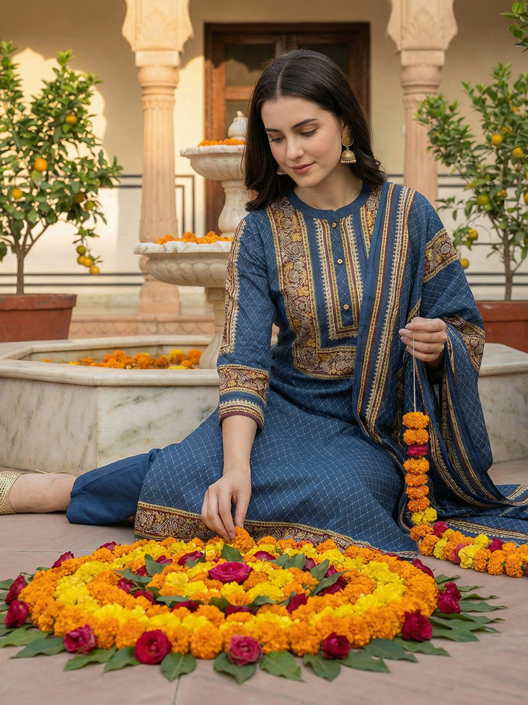 Women Ethnic Motifs Printed Regular Pure Cotton Kurta with Trousers & With Dupatta