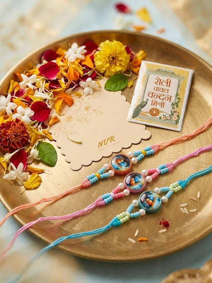 Dhiyona Set Of 3 Radha Krishna Thread Rakhi With Roli Chawal Chandan Mishri