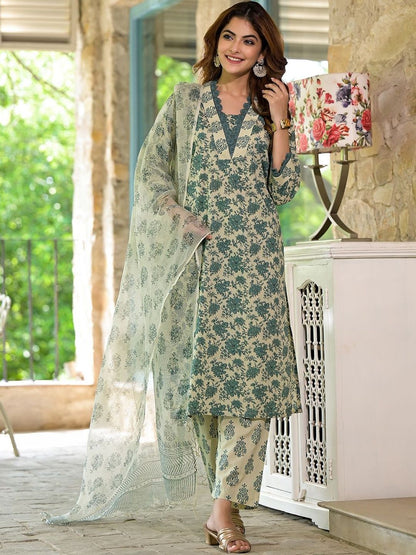 Dhiyona KL Women Floral Printed Regular Pure Cotton Kurta with Trousers & With Dupatta