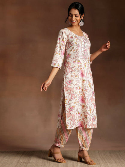 Women's LB Pink Printed Cotton Straight Suit With Dupatta