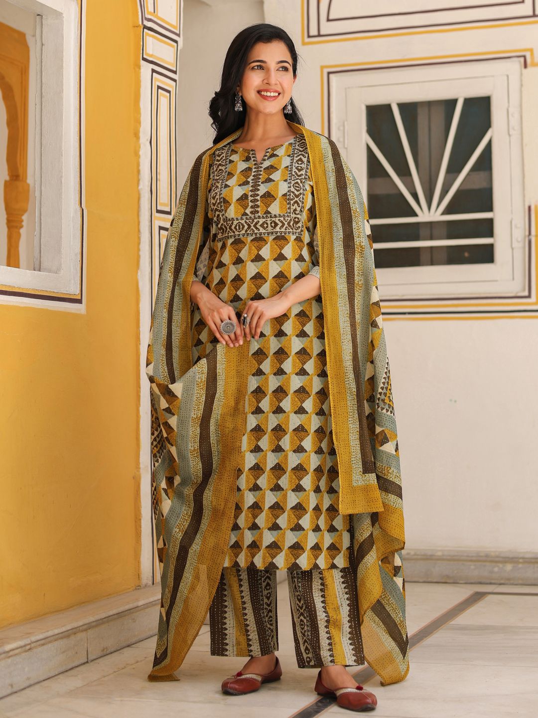 Dhiyona RR Women's Printed Regular Pure Cotton Kurta with Trousers & Dupatta