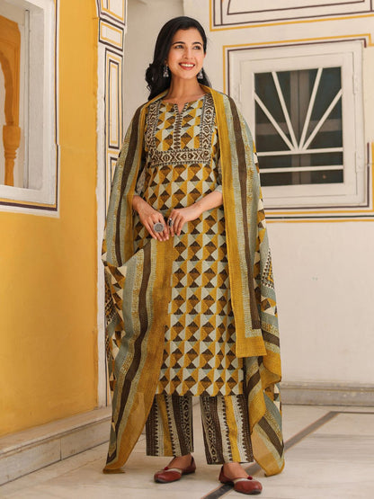 Dhiyona RR Women's Printed Regular Pure Cotton Kurta with Trousers & Dupatta