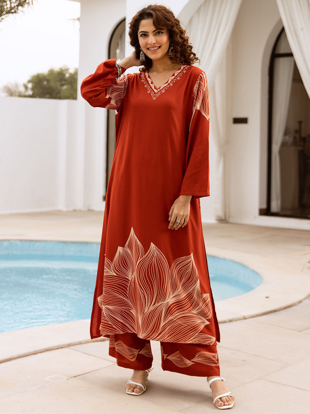 Printed With Embroidered Ethnic Kurta With Palazzos Set