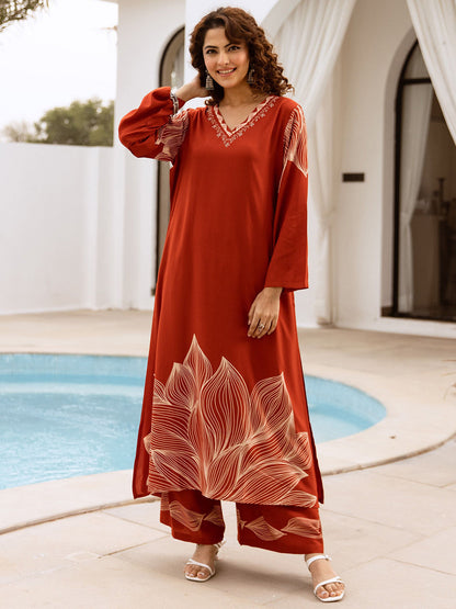 Printed With Embroidered Ethnic Kurta With Palazzos Set