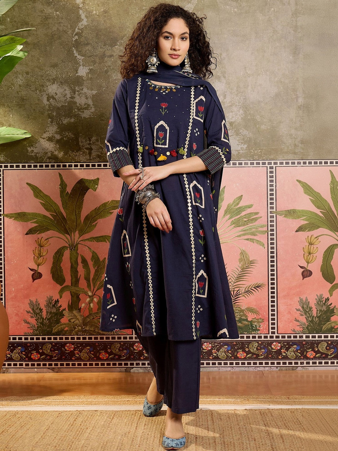 Printed Pure Cotton Round Neck Kurta & Trousers With Dupatta