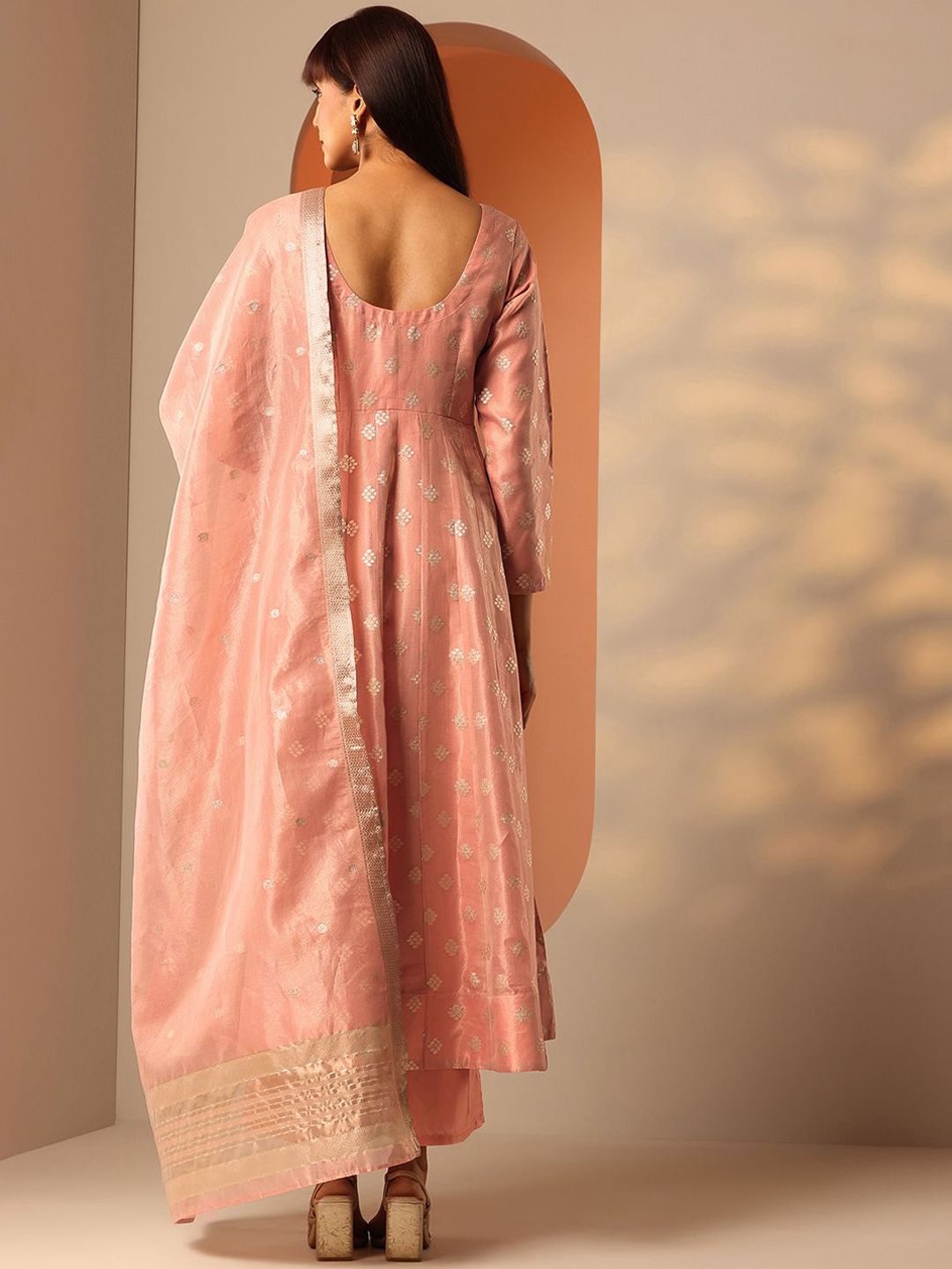 Dhiyona LL Womens Peach Woven Design Anarkali Kurta With Palazzos & Dupatta