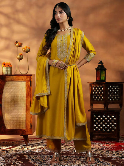 Women's LB Mustard Yoke Design Silk Blend A-Line Kurta With Trousers & Dupatta