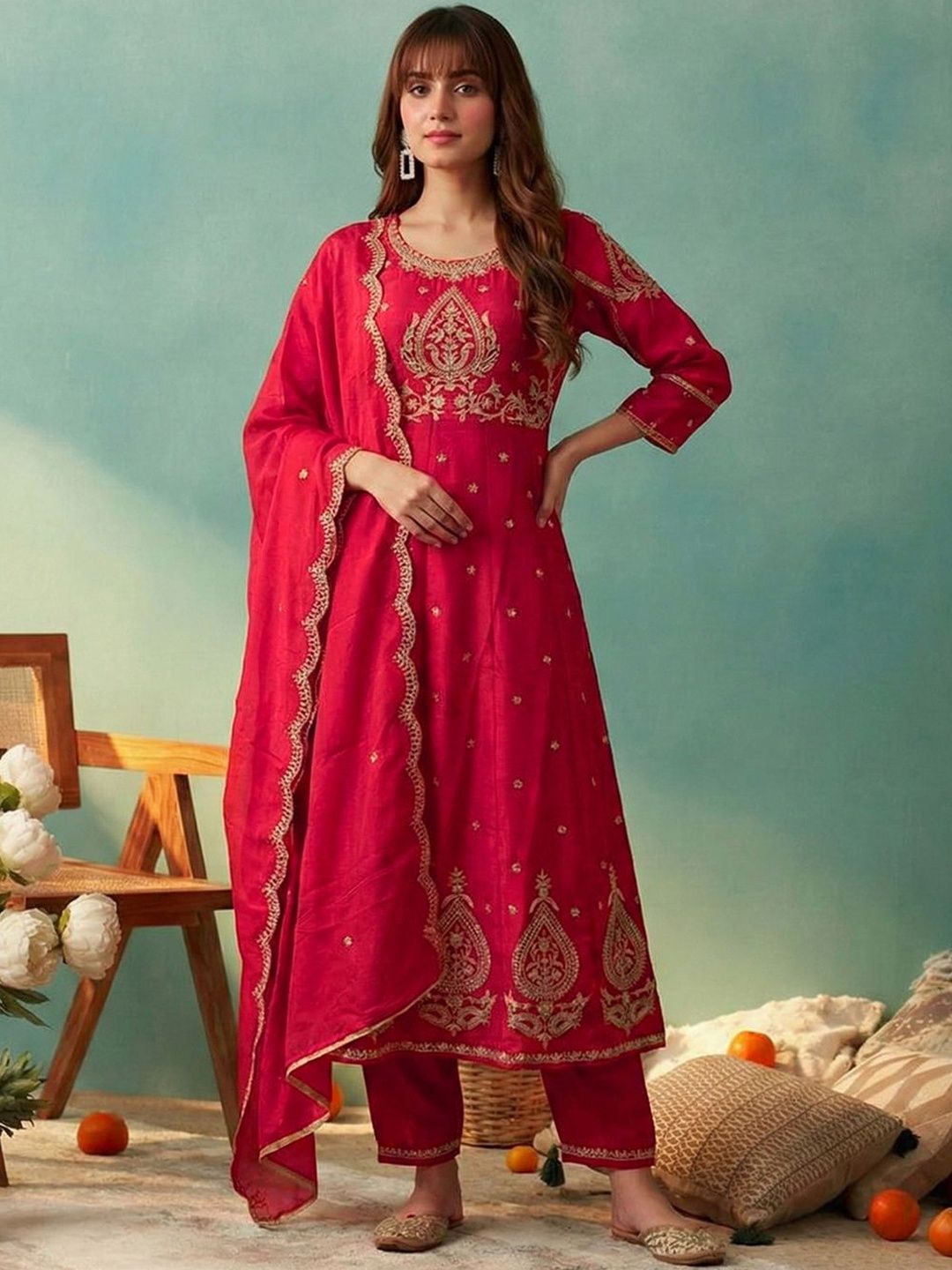 Dhiyona CH Women Ethnic Motifs Embroidered Regular Thread Work Kurta with Trousers & With Dupatta