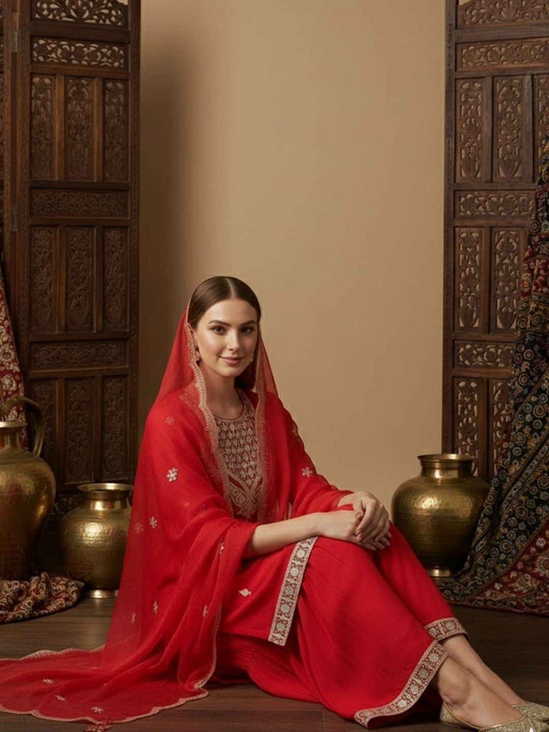 Dhiyona SN Embroidered Round Neck StraightKurta & Sharara With Dupatta