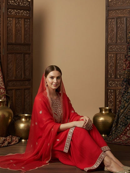 Dhiyona SN Embroidered Round Neck StraightKurta & Sharara With Dupatta