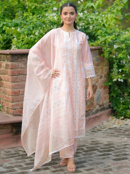 Women's LB Peach Embroidered Cotton Blend Straight Suit With Dupatta