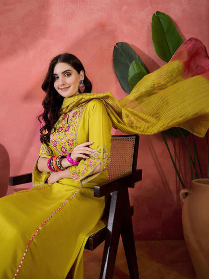 Floral Yoke Design Mirror Work Straight Kurta With Trousers & Dupatta