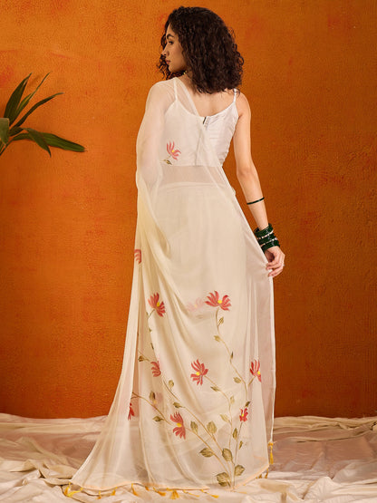 Women's Chiffon Off White Printed Designer Saree With Blouse Piece