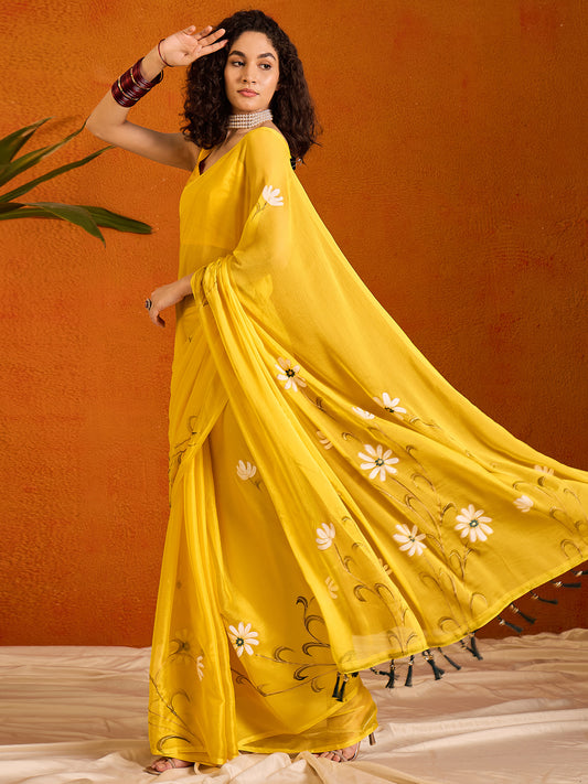 Women's Chiffon Yellow Printed Designer Saree With Blouse Piece