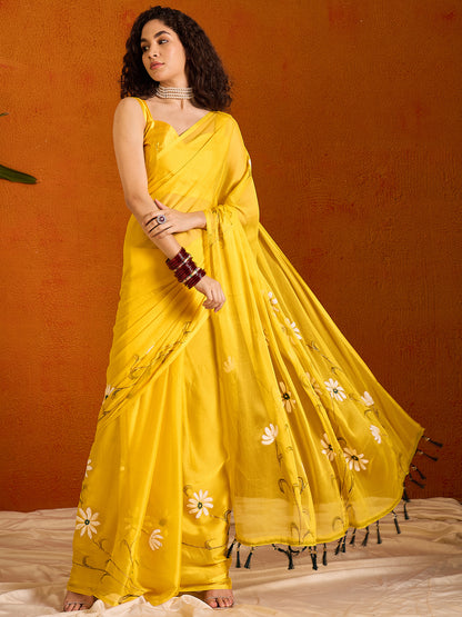 Women's Chiffon Yellow Printed Designer Saree With Blouse Piece