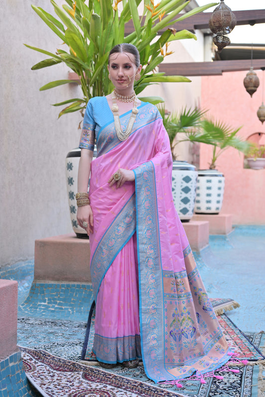 Women Paithani Aarti Baby Pink Saree With Unstiched Blouse