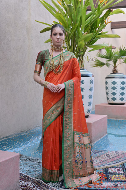 Women Paithani Aarti Orange Saree With Unstiched Blouse